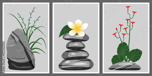stones and flowers wall art vector set.  For wall art, poster, wallpaper, print. 