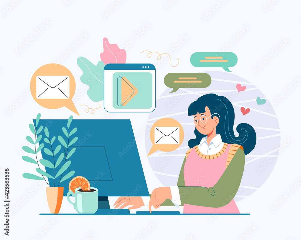 Woman girl teen character sitting on computer and communicate with friends. Online internet social media concept. Vector cartoon flat graphic design illustration