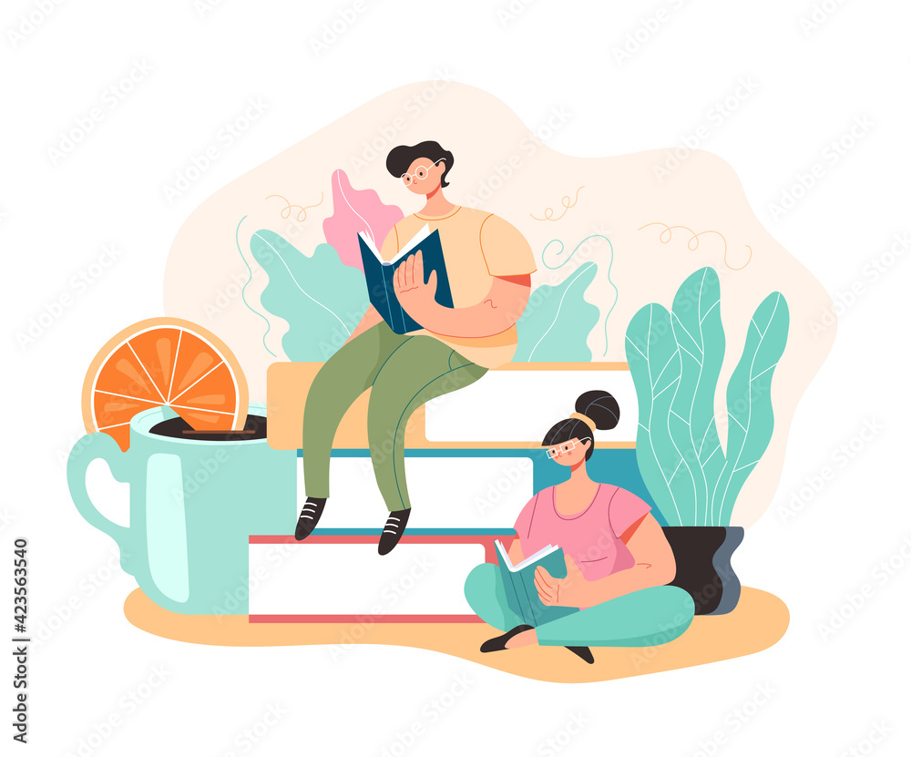 People students reading book and learning concept. Vector cartoon flat graphic design illustration People students reading book and learning concept. Vector cartoon flat graphic design illustration