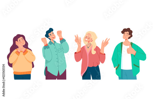 Young people man woman boys girls characters with positive emotions and gesture concept set. Vector cartoon flat graphic design illustration