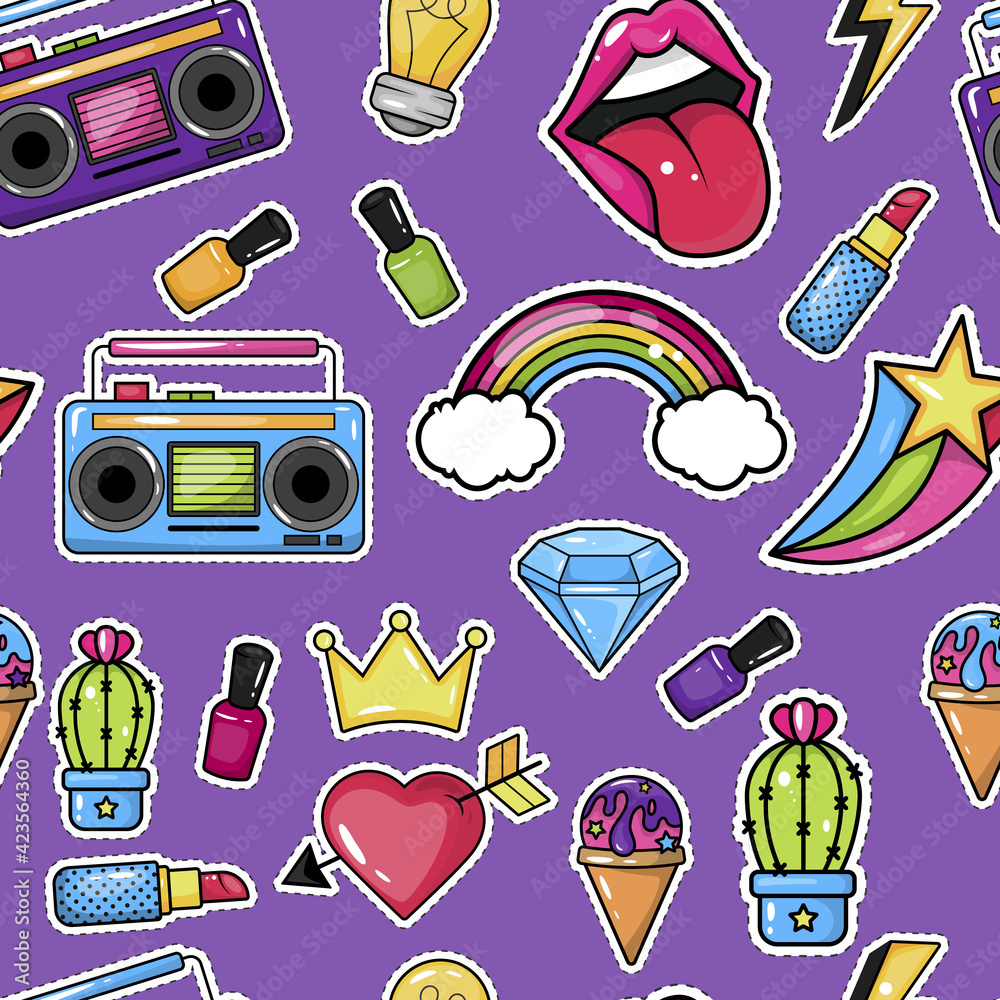 Seamless pattern with trendy patch badges with lips, tape recorder, cosmetics and other elements.