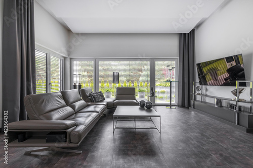 Big window in trendy grey living room interior of suburban house