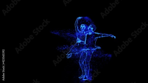 Couple is dancing a ballet of blue and gold particles.