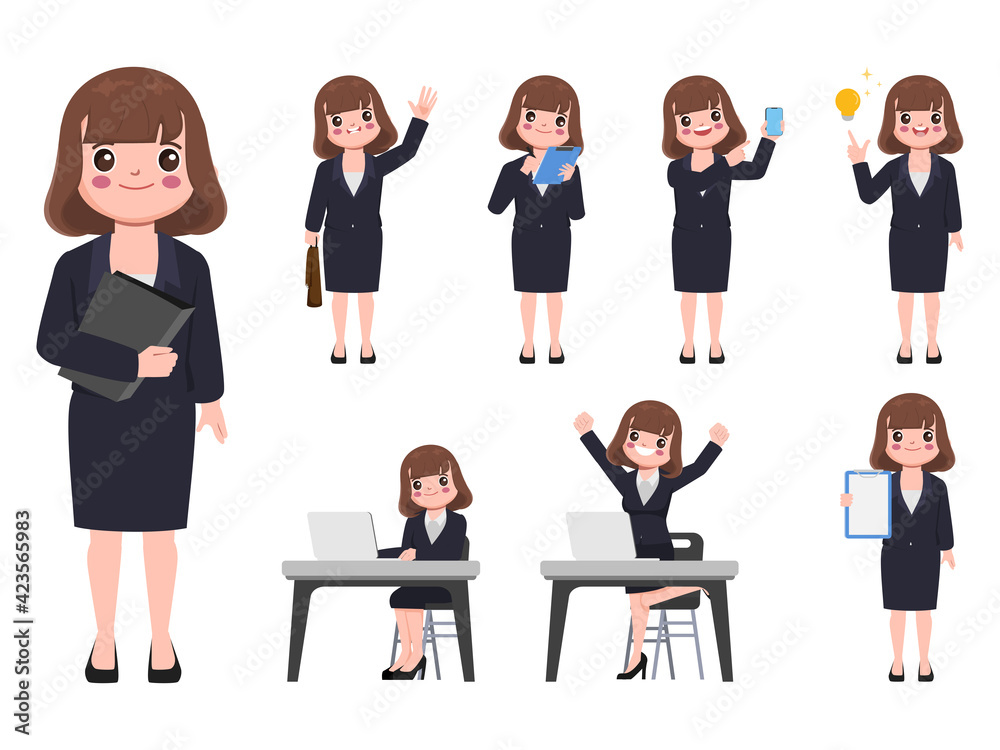 Business woman in suit clothes with job routine character pose.

