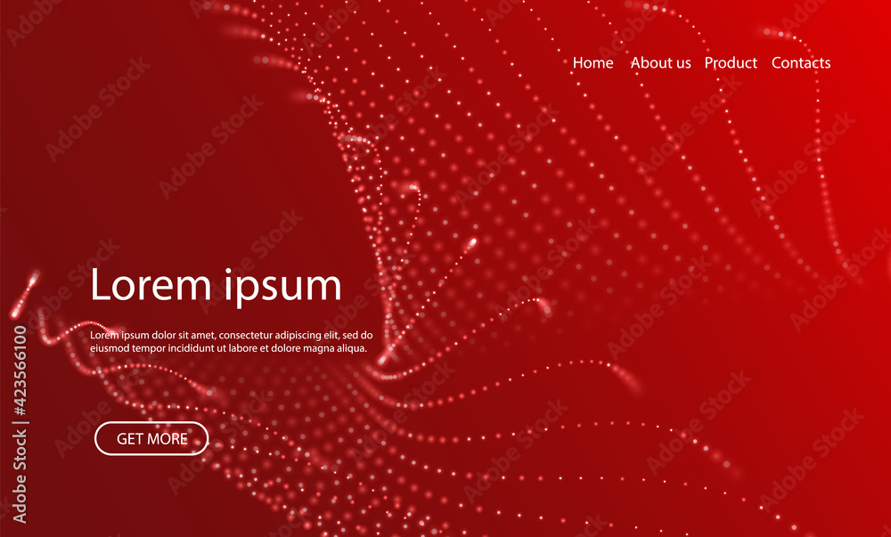 Obraz premium Abstract landing page background with red particles. Flow wave with dot landscape. Digital data structure. Future mesh or sound grid. Pattern point visualization. Technology vector illustration.