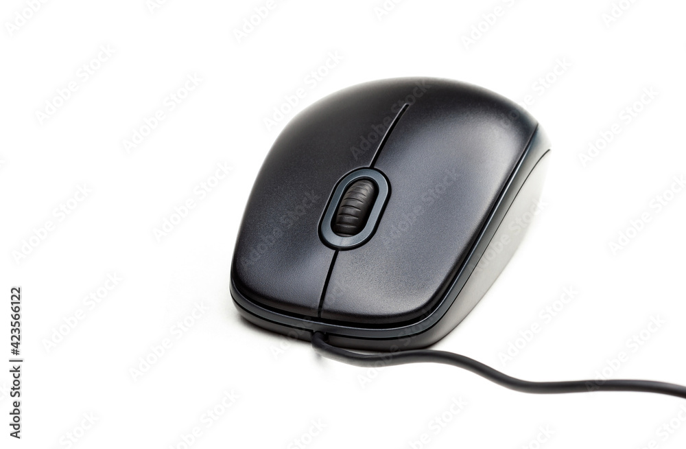 Simple traditional wired plain computer mouse, clean black office mouse object isolated on white, cut out. Desktop PC mouse with cable, accessories and equipment technology concept, nobody, no people Simple traditional wired plain computer mouse, clean black office mouse object isolated on white, cut out. Desktop PC mouse with cable, accessories and equipment technology concept, nobody, no people