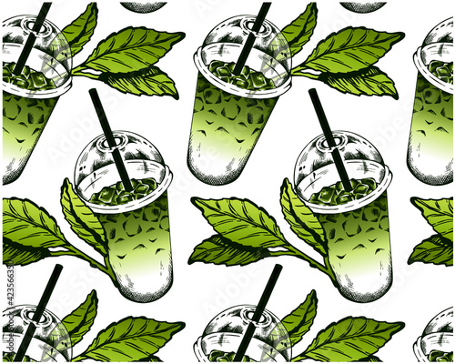 Sketch drawing pattern of iced matcha tea in cup takeaway with straw and dried green tea leaves isolated on white background. Asian drinks wallpaper for cafe, menu, bar. Botanical vector illustration