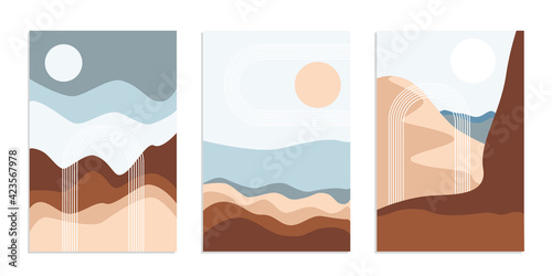Desert abstract boho landscape with sun and moon in arch. Abstract vector contemporary aesthetic background in Earth tones. Set of posters. photo