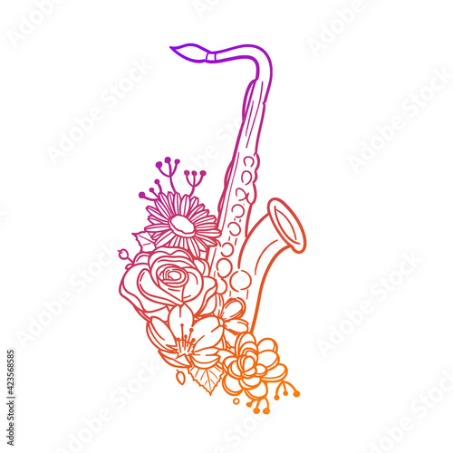 Saxo Rose Flower with Vintage Instrument Design. Music Floral frame ornament vector style. Decoration Design Wreat illustration.