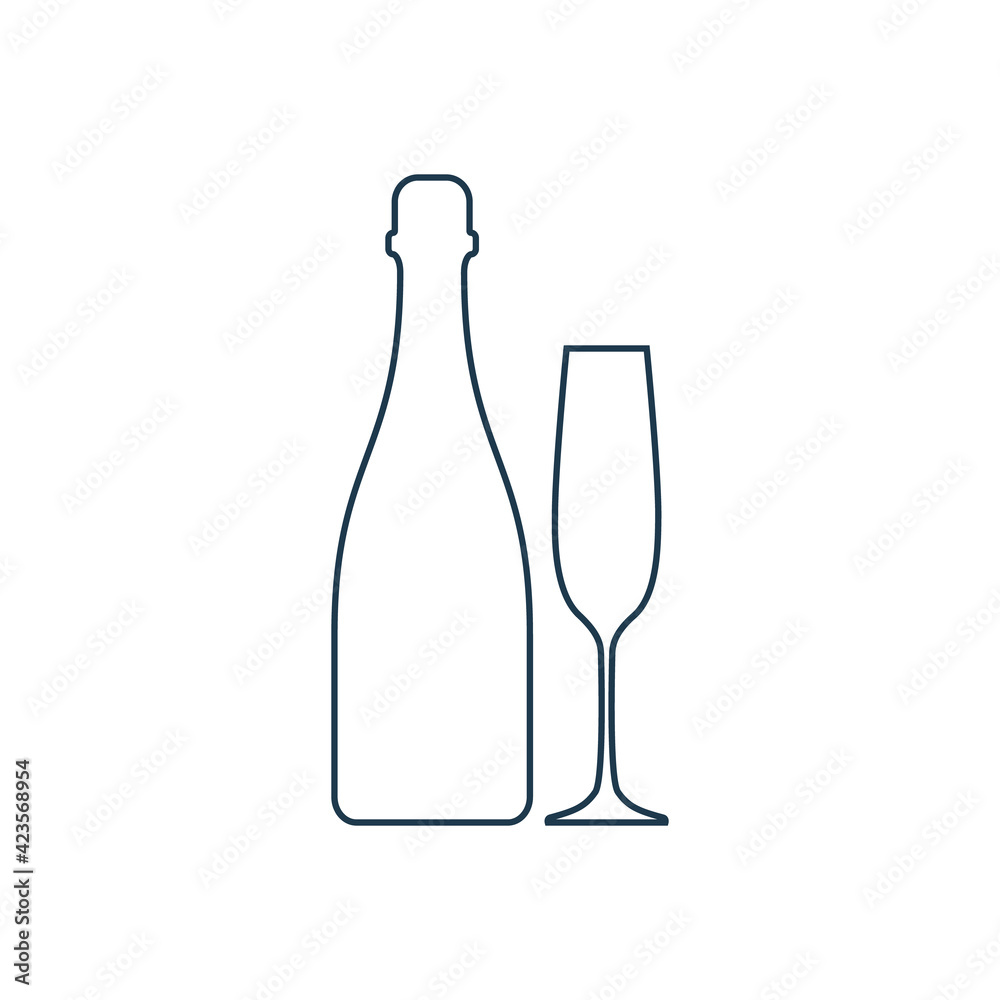 Champagne bottle and glassware. Alcoholic drink for parties and celebrations. Simple black line shapes isolated. Illustration on white background. Flat design style for any purposes