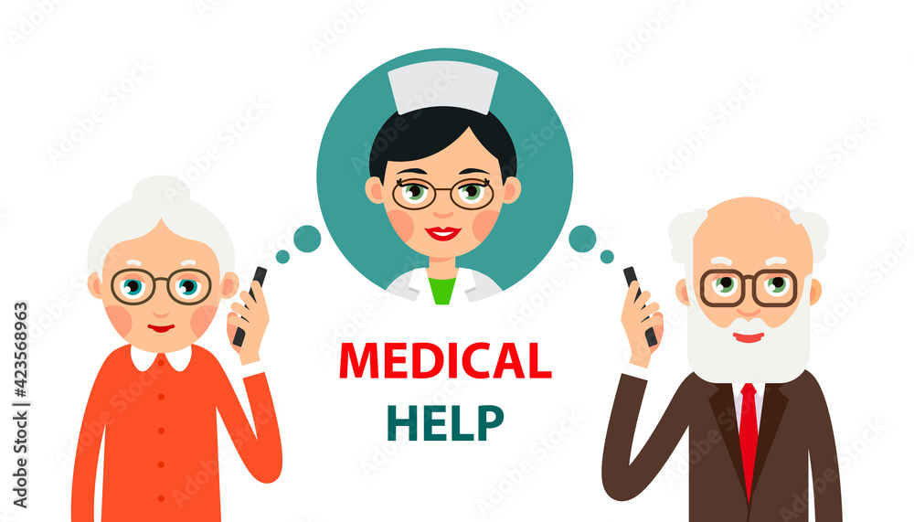 Doctor on phone. Elderly man and woman calls doctor. Physician in a bubble message. Female medic is talking on phone with sick people. Cartoon illustration isolated on white background in flat style Doctor on phone. Elderly man and woman calls doctor. Physician in a bubble message. Female medic is talking on phone with sick people. Cartoon illustration isolated on white background in flat style