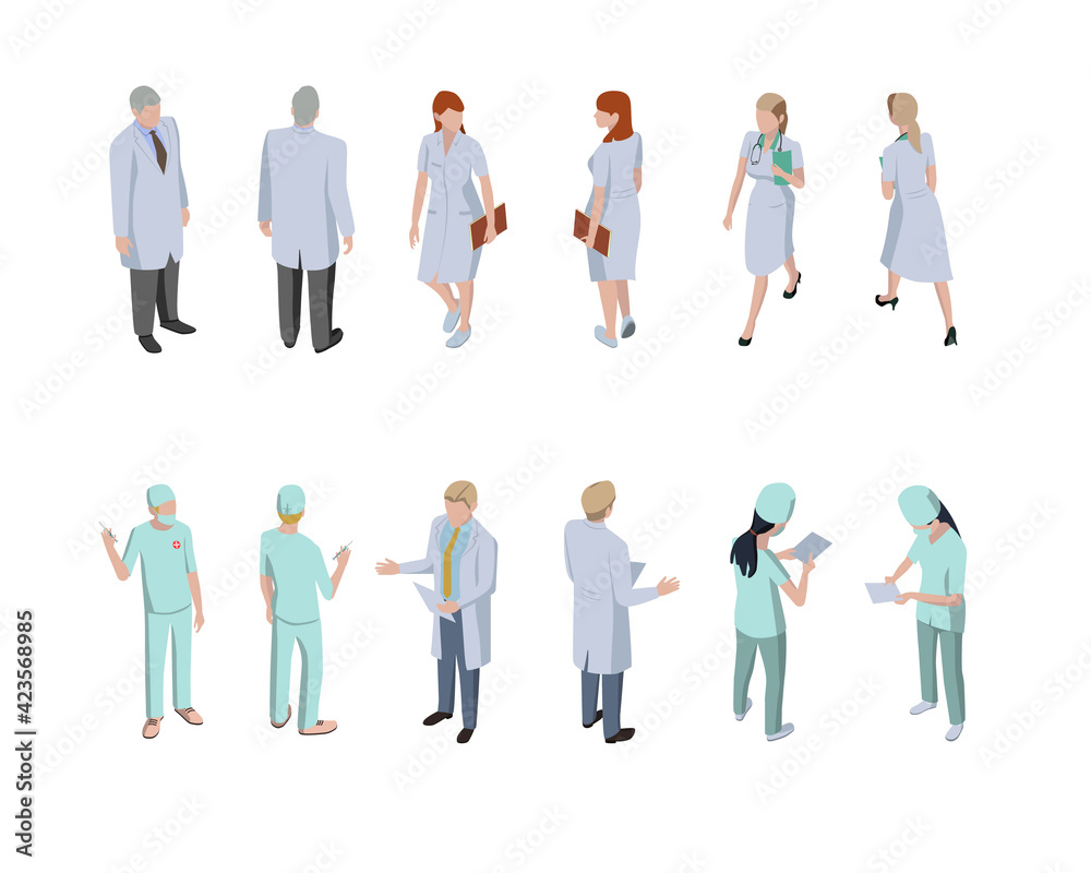 Set of isometric people. Doctors, assistants, and medics in standing positions and uniforms. Vector 3d illustration. Set of isometric people. Doctors, assistants, and medics in standing positions and uniforms. Vector 3d illustration.