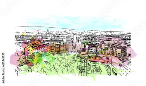 Building view with landmark of Rovaniemi is the 
city in Finland. Watercolor splash with hand drawn sketch illustration in vector.