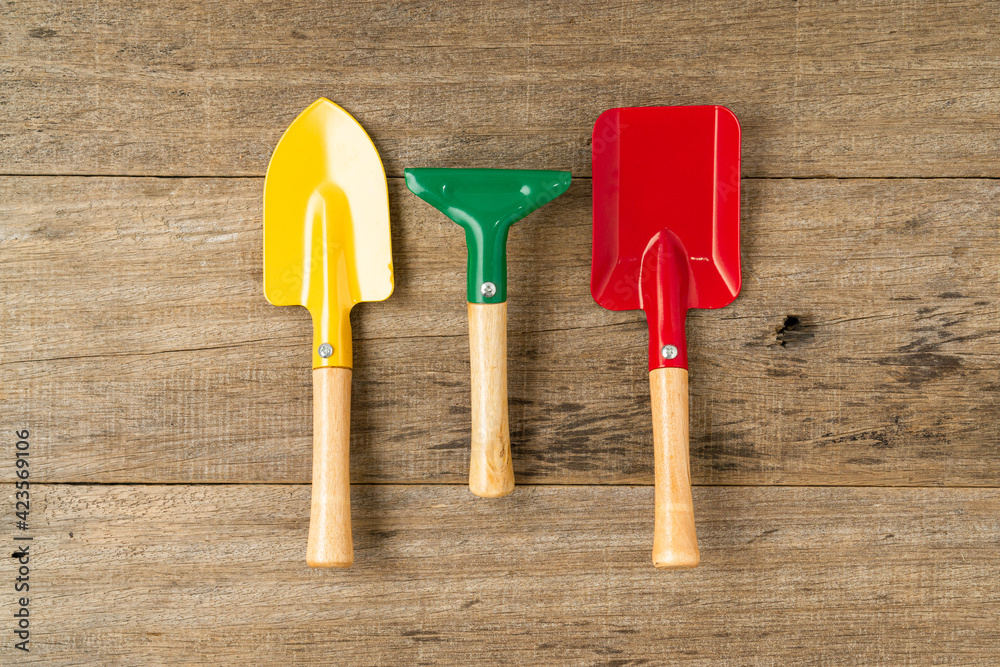 Small shovel on wooden board background. Flat lay. Small shovel on wooden board background. Flat lay.