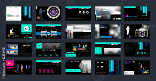 Business photo presentation, powerpoint, infographic design template, green, black elements, background set. New technology. Team of people creates a business, teamwork. Financial work. Use of flyers