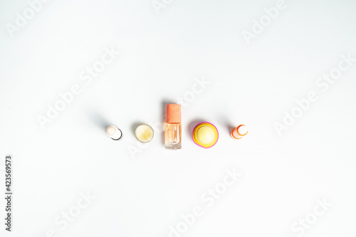 lip care products in a row on a white background