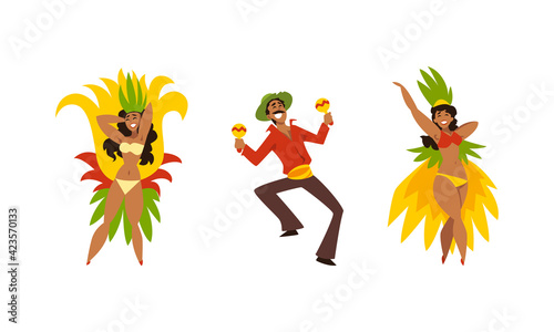 Brazilian Samba Dancer in Bright Feathered Costume and Musician Playing Maraca Vector Set