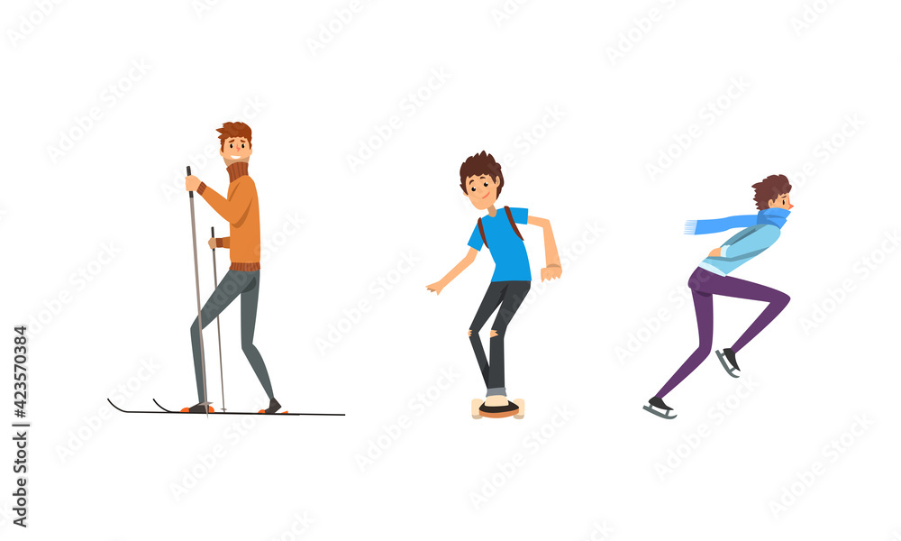 Cheerful Man Skiing, Skateboarding and Ice Skating Along the Street Vector Set