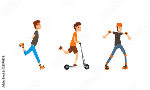 Cheerful Man Roller Skating and Riding Push Scooter Along the Street Vector Set