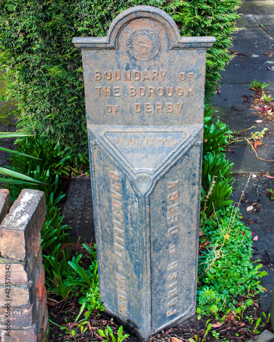 Sunnyhill, Derby, March 14, 2021 A vintage post on the side of a road in Sunnyhill Derby, that marks the boundary of the borough of Derby in 1928 photo