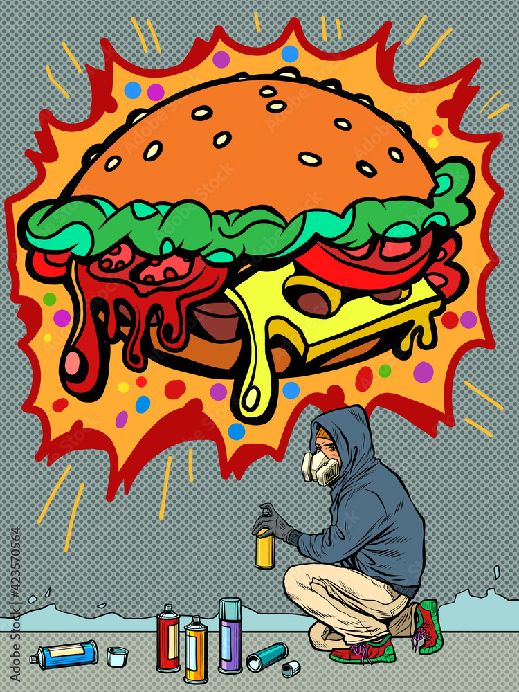 a teenage boy draws a graffiti image of a burger. fast food