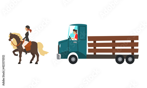 Man Driving Car and Woman Riding on Horse Back Along the Road Vector Set