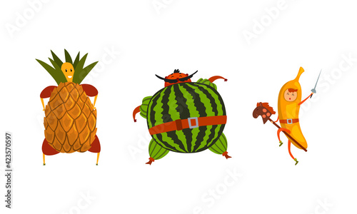 Fototapeta Naklejka Na Ścianę i Meble -  Funny Ripe Fruit and Berries as Humanized Comic Characters Vector Set