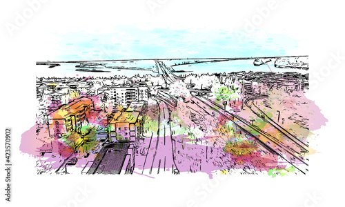 Building view with landmark of Rovaniemi is the 
city in Finland. Watercolor splash with hand drawn sketch illustration in vector.