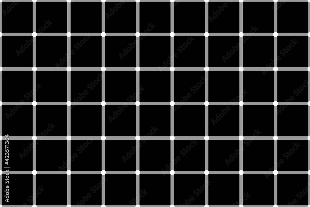 Grid made of grey lines with whites dots at their intersections. The dots are flashing on black background creating an optical Illusion.