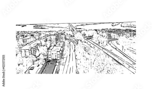 Building view with landmark of Rovaniemi is the 
city in Finland. Hand drawn sketch illustration in vector.