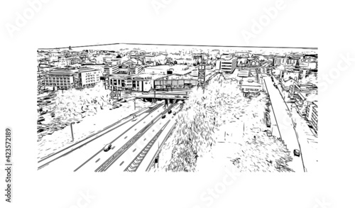 Building view with landmark of Rovaniemi is the 
city in Finland. Hand drawn sketch illustration in vector.