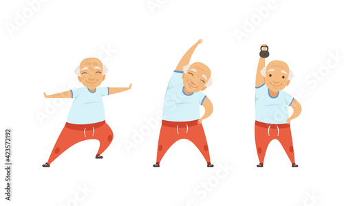 Senior Man with Grey Hair Doing Physical Exercises Stretching Vector Set
