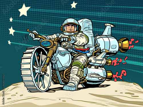 Astronaut biker on a space motorcycle. Science fiction. Transport of the future