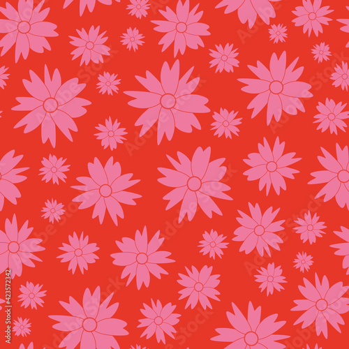 Pink flowers on red background repeat pattern print © Doeke