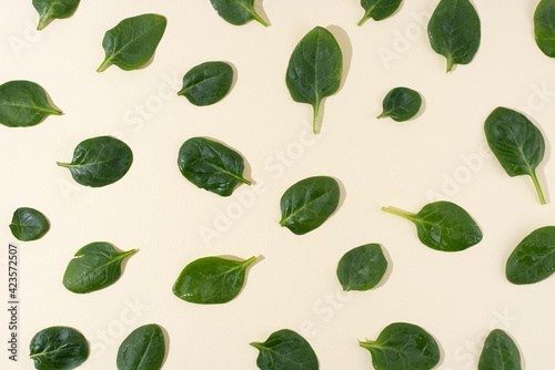 Pattern of fresh baby spinach leaves on yellow background, vegetarian food.