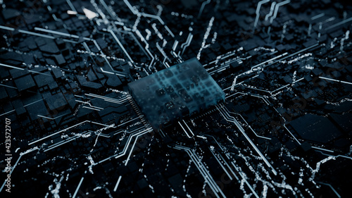 Advanced Technology Concept with Microchip. White Neon Data flows from the CPU across a Futuristic Motherboard. 3D render.