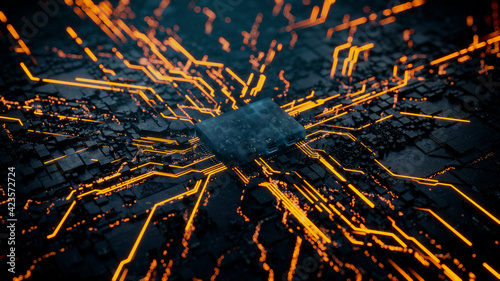 Advanced Technology Concept with Microchip. Orange Neon Data flows from the CPU across a Futuristic Motherboard. 3D render.