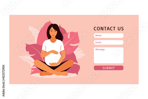 Contact us template of yoga for pregnant yoga concept. Wellness and healthy lifestyle in pregnancy. Woman expecting a baby doing yoga exercises.