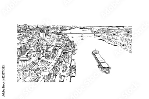 Building view with landmark of Rostov on Don is a city in southern Russia. Hand drawn sketch illustration in vector.