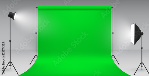 Realistic chroma key studio template vector equipment photo video shooting green screen spotlight