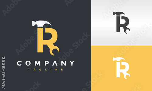 letter R hammer wrench logo