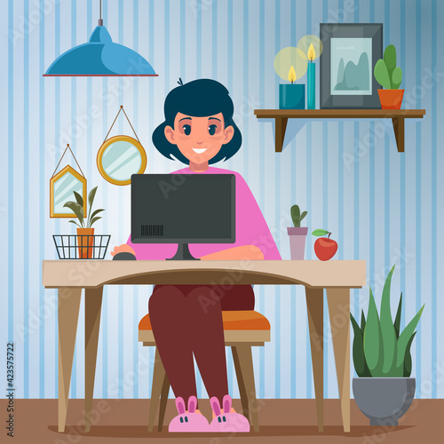 A freelancer girl sits at a table on which there is a computer. Blogger work. Cartoon style. Vector illustration.