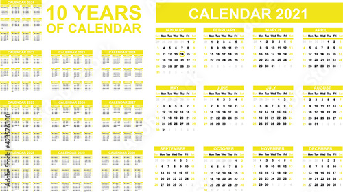 2021-2030 ten years of calendar simple yellow