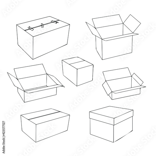 Cardboard delivery packaging open and closed box of different shapes. A set of cardboard box layouts in the doodle style.