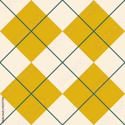 Argyll. Seamless pattern with squares and lines of trending colors. For printing on fabrics, textiles, paper, decor in the interior, design. Vector graphics.