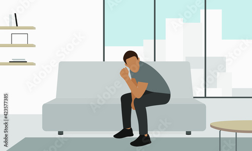 Male character sitting on sofa in room with panoramic window