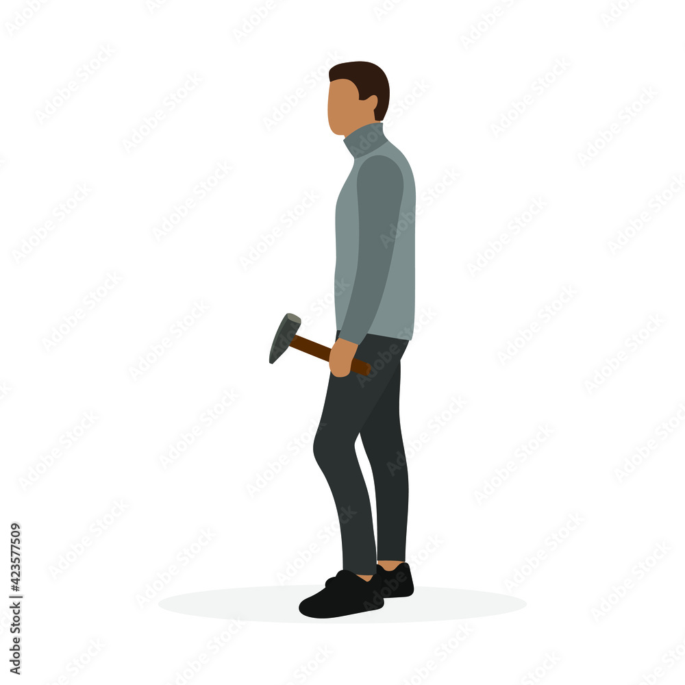 Male character with a hammer in his hand stands on a white background Male character with a hammer in his hand stands on a white background