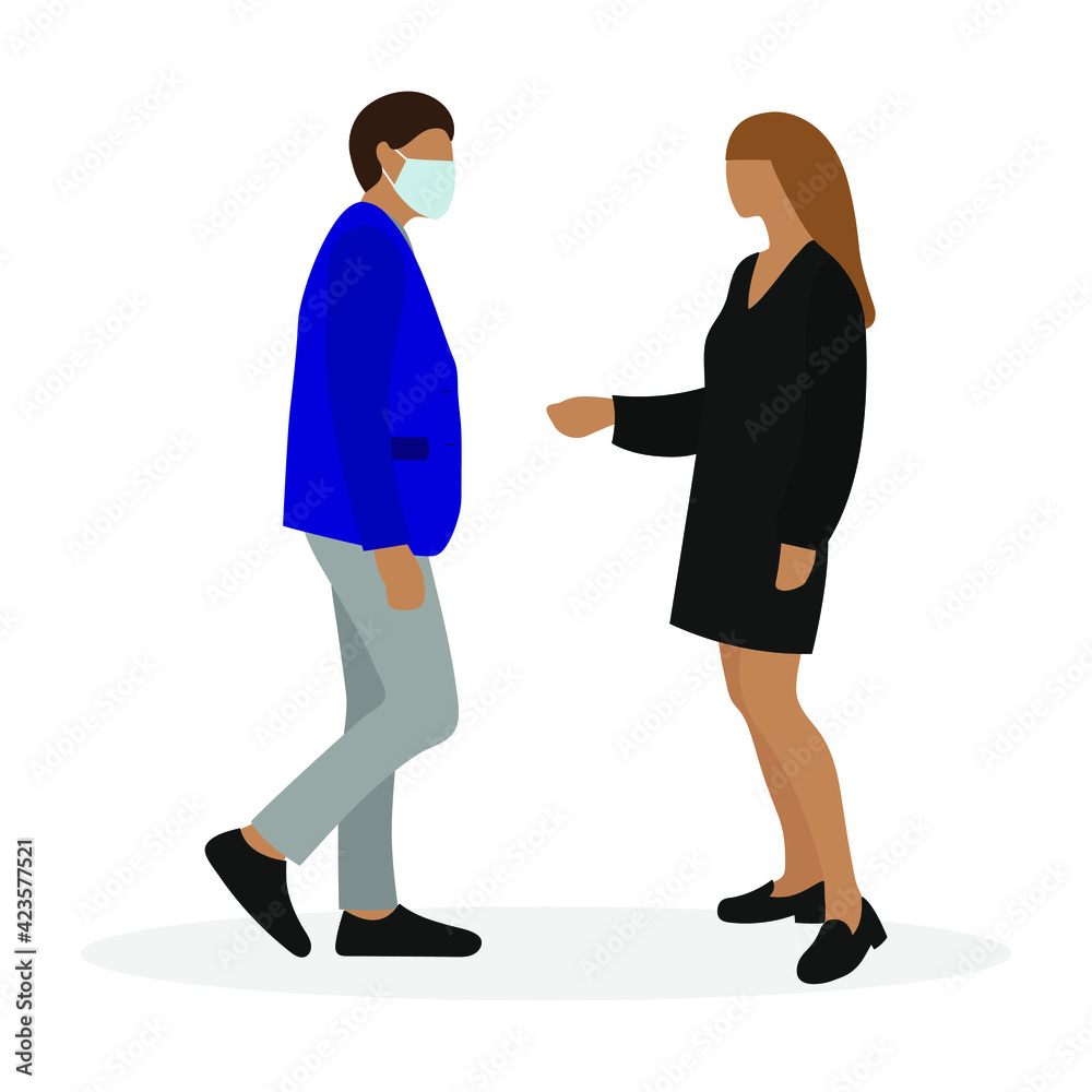 Male character in a medical mask and a female character without a medical mask together on a white background