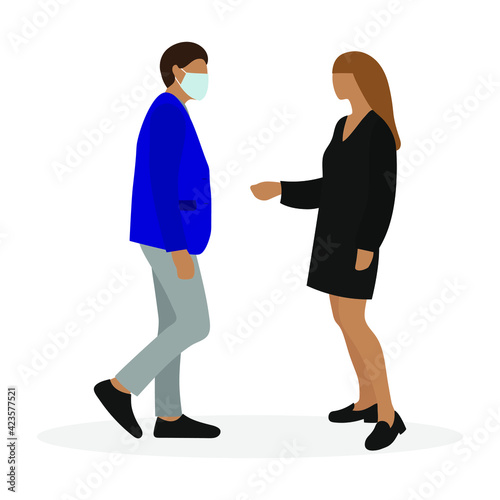 Male character in a medical mask and a female character without a medical mask together on a white background