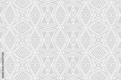 Geometric 3D volumetric convex white background. Ethnic relief ornament of figures, lines and dots. African, Mexican, Indian style. Pattern for wallpaper, presentations, stained glass.